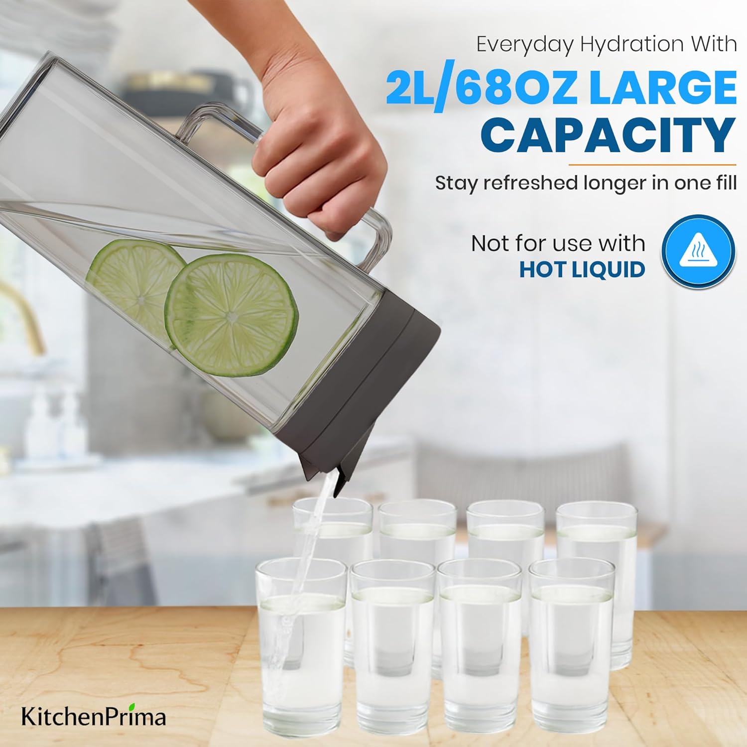 [2-PACK] SlimFit 2 Quart (2 Liter) pitcher with lid - Water jug for fridge door - Leakproof 64oz plastic pitcher with lid - Drink Container for Juice, Iced Tea, Coffee, BPA-Free Plastic, Black