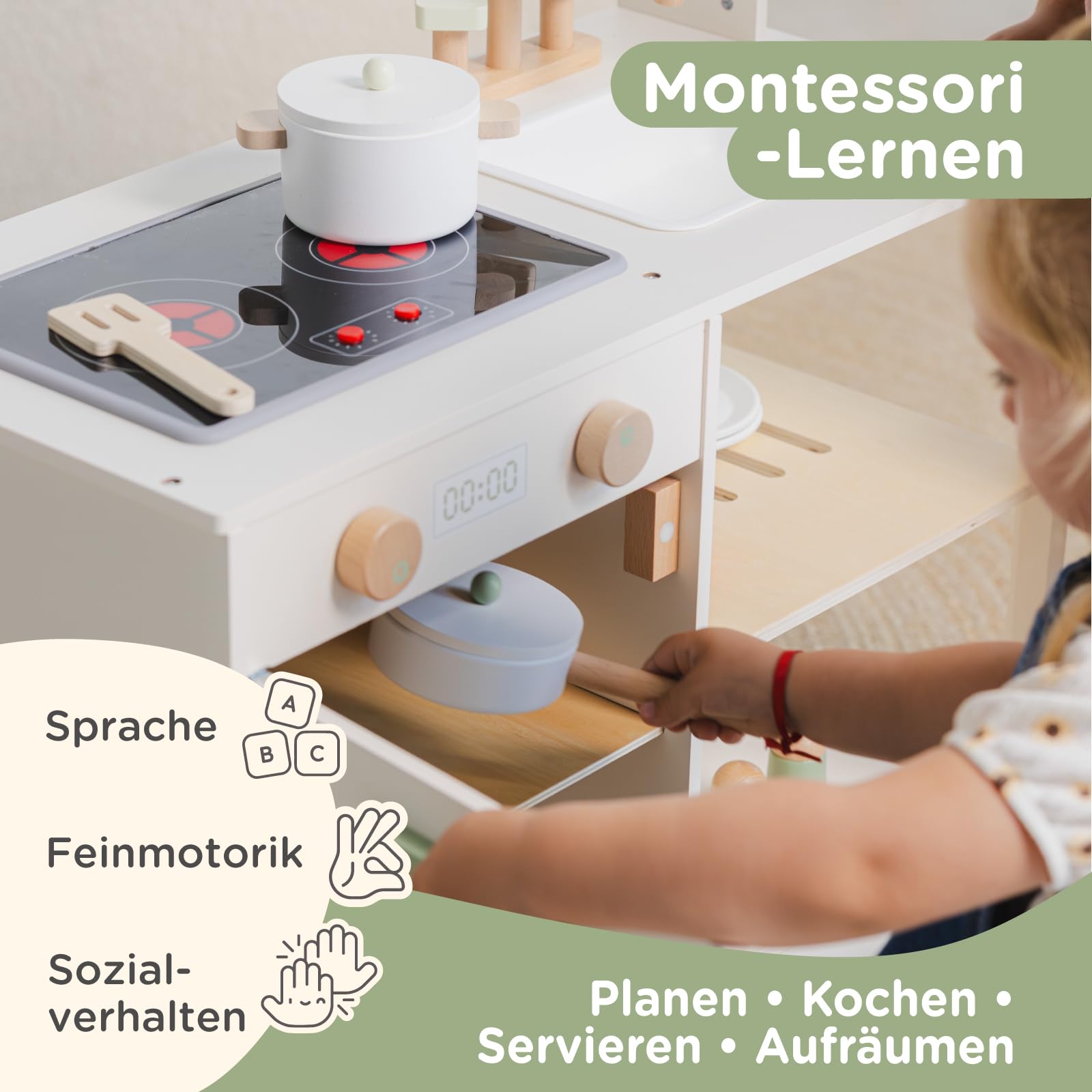 Nene Toys Kinderküche aus Holz – Spielküche mit Licht & Sound, Spüle & Wasserhahn, Mikrowelle & Ofen, Regale, Haken + Zubehör – Montessori Spielzeug ab 3 Jahren – Geschenk für Mädchen & Jungen