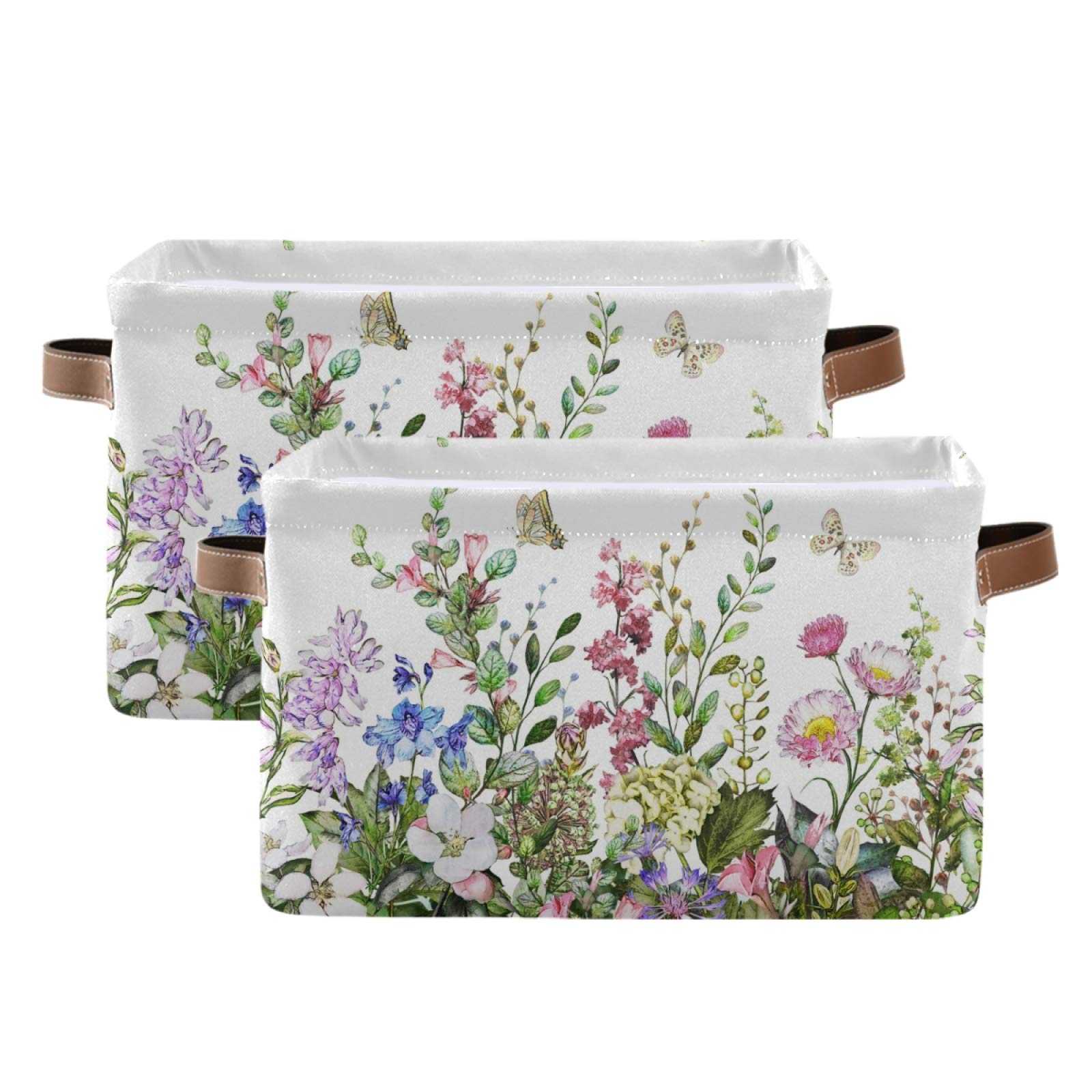 Large Foldable Storage Bin Colorful Herbs and Flowers Fabric Storage Baskets Collapsible Decorative Baskets Organizing Basket Bin with PU Handles for