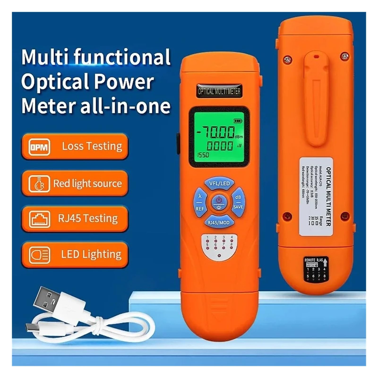 Mini medidor de potencia óptica C70/C50 OPM con localizador Visual de fallos (15/30/50mW VFL) probador de Cable de fibra óptica FTTH Fácil de leer(C70 50MW ADD FC-LC)