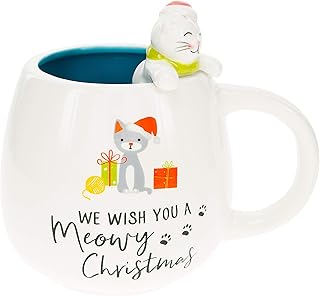 Pavilion Gift Company We Wish You A Meowy Christmas 15.5 Oz Unique Shaped Large Coffee Cup Mug For The Holidays Or Winter, White