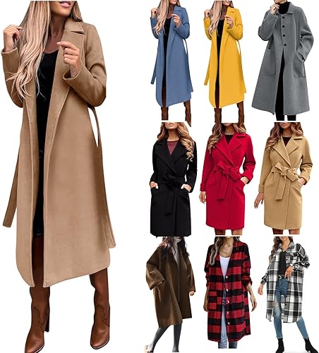 Gabardina de lana sintética para mujer con solapa y muesca mezcla de lana de invierno ajuste delgado frente abierto chaquetas largas con cinturón