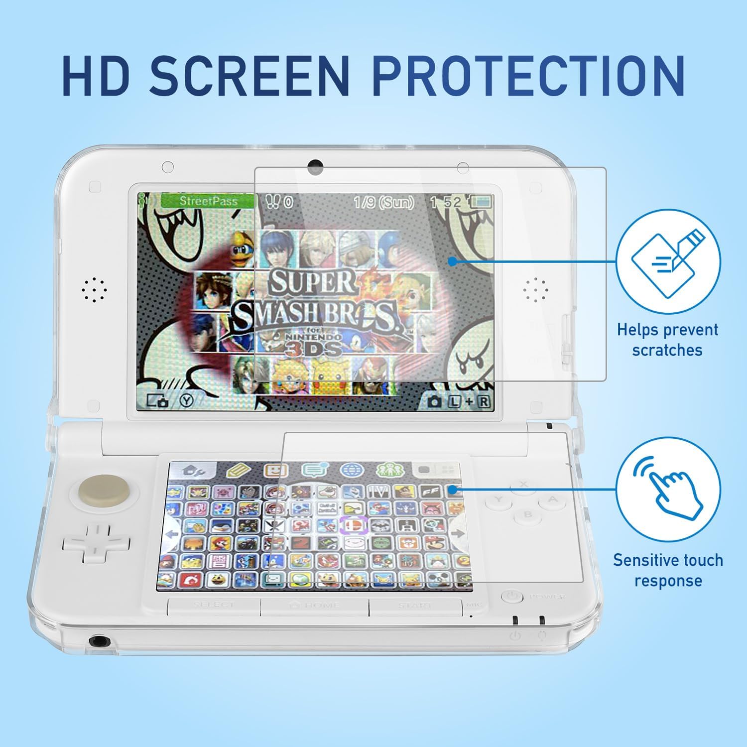 inRobert 3 in 1 Accessories kit for Nintendo 3DS LL/XL, with Clear Hard Case, Screen Protectors (Tempered Glass & PET) and Stylus Pens Compatible with 3DS XL/LL Console — view 6