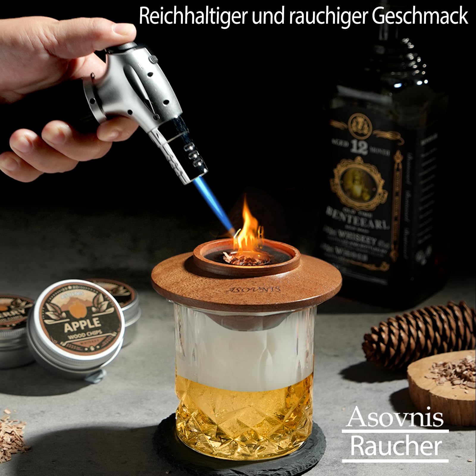 Whisky-Räucherset mit Fackel-6 Geschmacksrichtungen, Holzspäne, 2 Gläser, 6 Whiskysteine, Cocktail-Räucherset, Getränke-Räucherset, Geburtstagsgeschenke für Bourbon-Whiskey für Männer (Ebenholz)