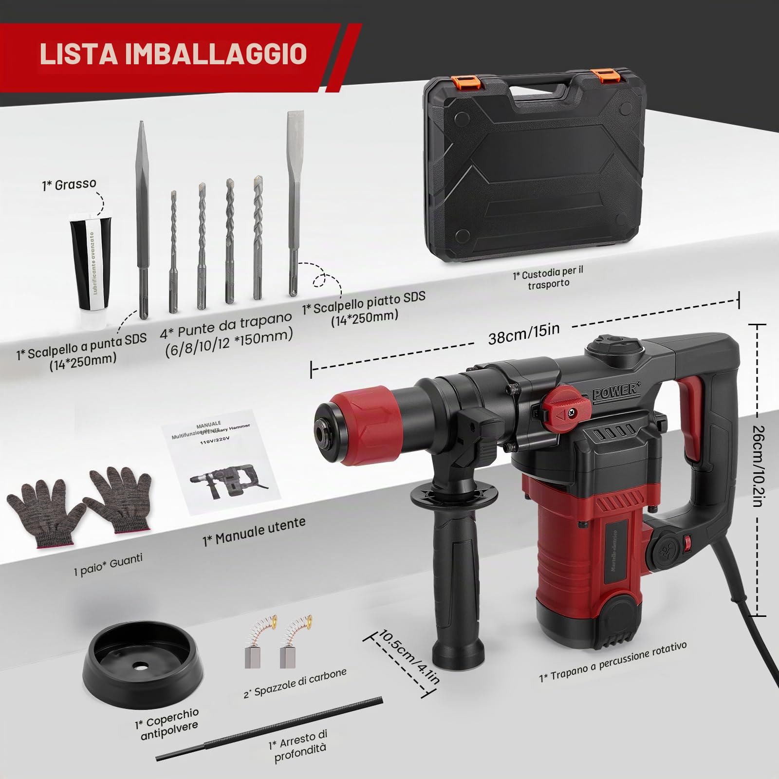 1200W martello demolitore,5J Energia d'impatto,6 livelli regolabili,Velocità al minimo 1050 giri/min,con 4 punte SDS plus 6/8/10/12 mm, trapano multifunzionale Impugnatura antivibrante