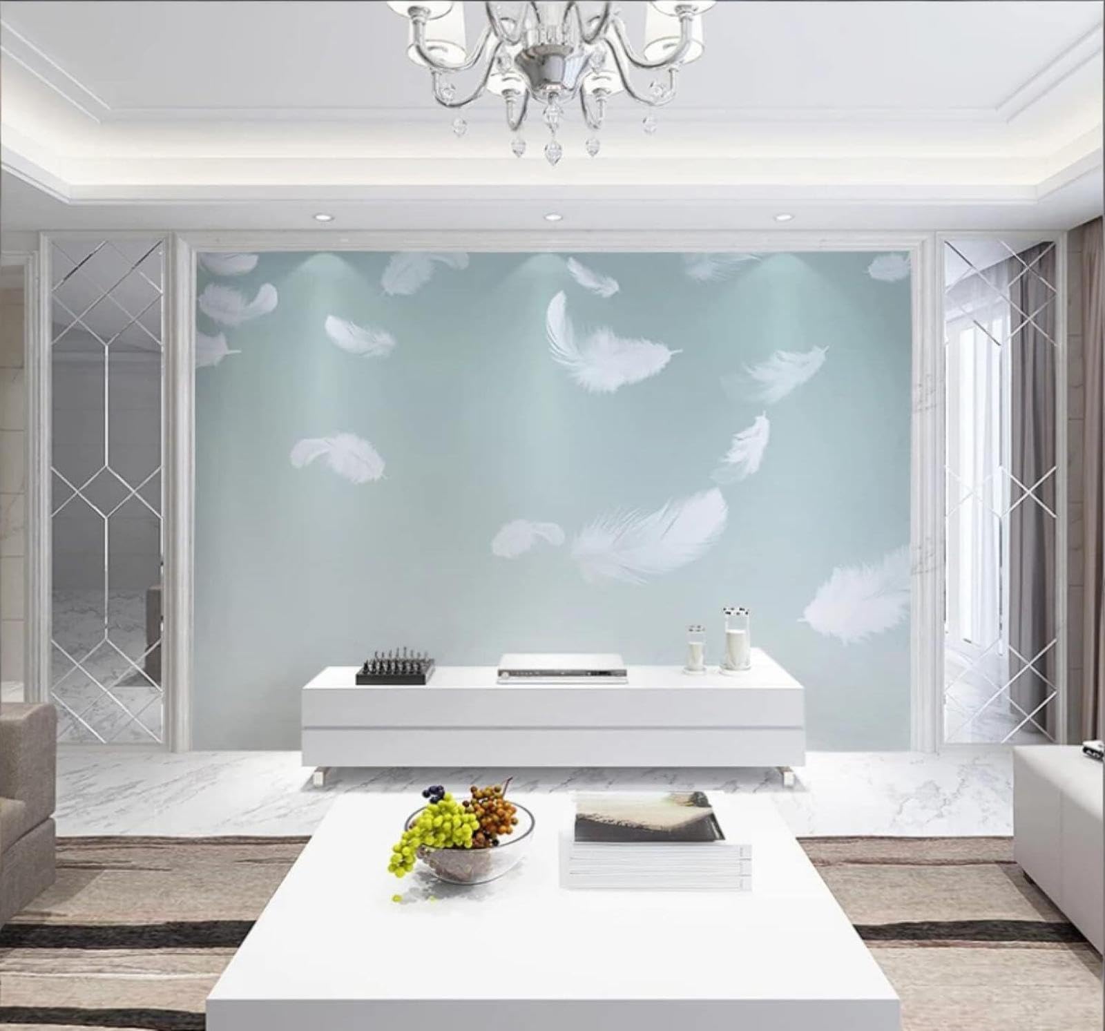 XLMING Minimalist Fresh Light Green Hand Drawn Feathers 3D Wallpaper Luxury Silk Study Dining Feature Sofa Grey Bedroom Living Room Tv Decorative Wall-300cm×210cm