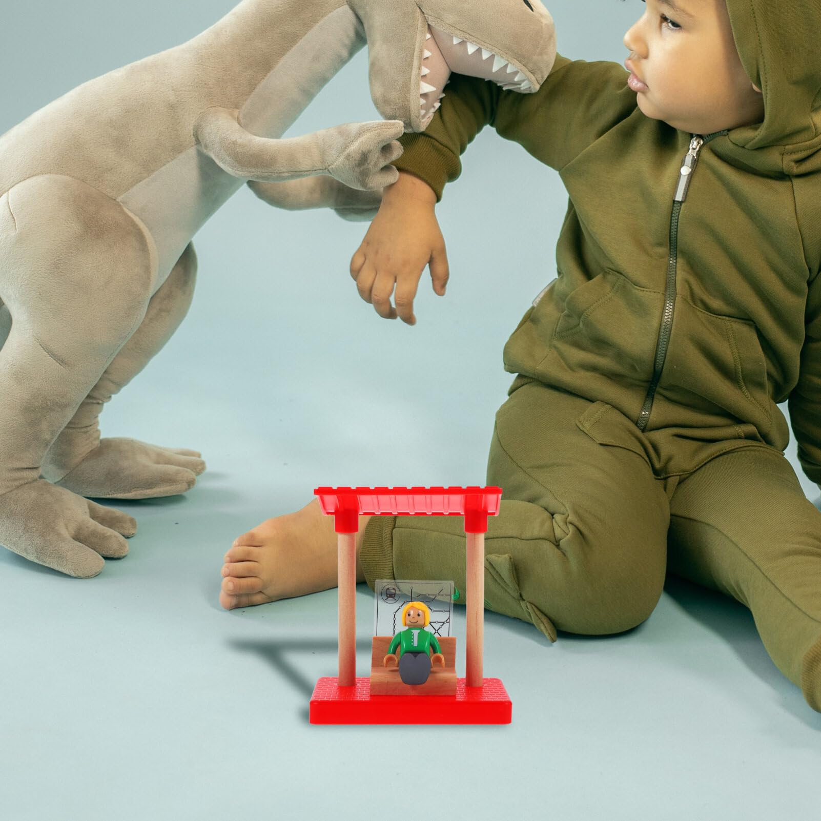 Abaodam Wooden Railway Station Train Track Station with Passenger Figurine Railway Station Train Platform Model Toy Accessories for Kids Toddler Boys Girls