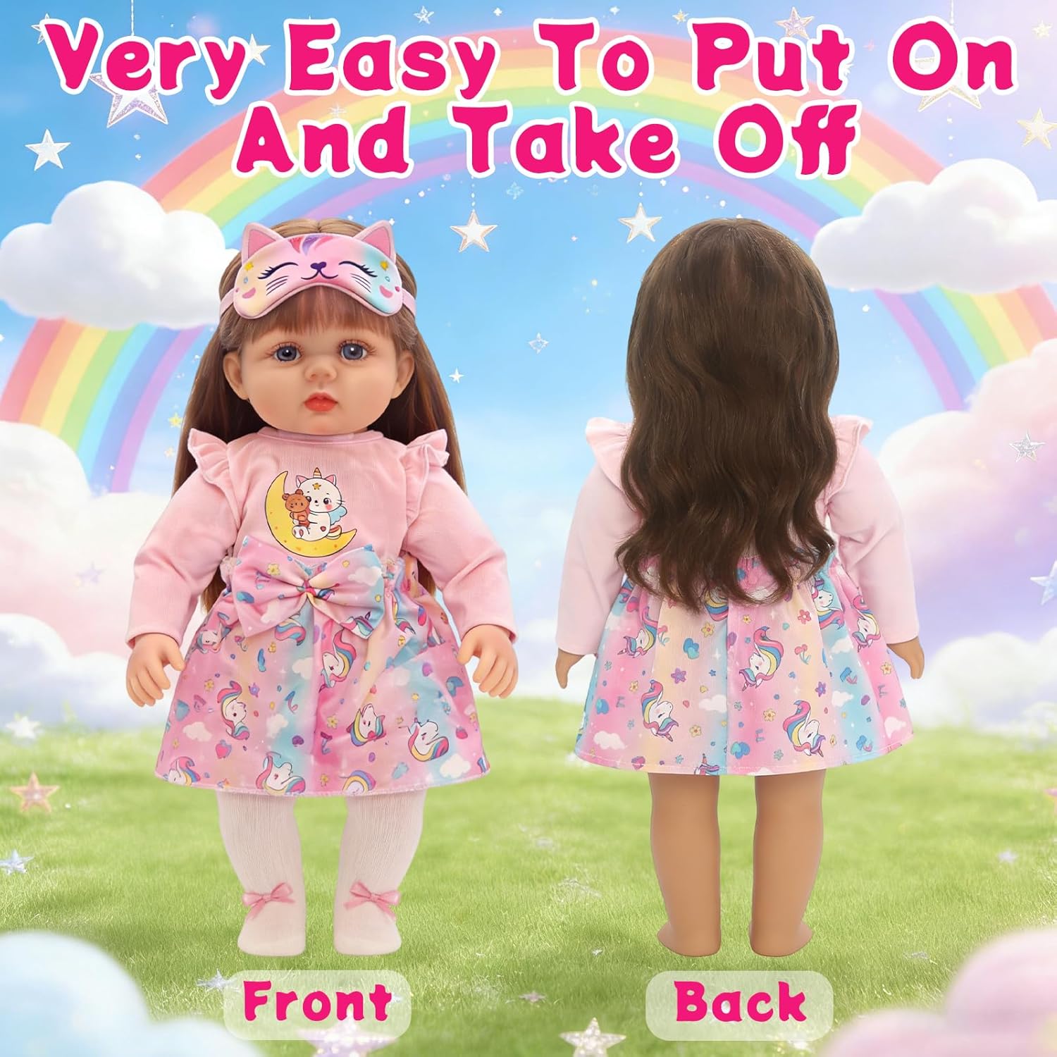4 Pcs Baby Doll Clothes for 20-22 Inch Girl Dolls Outfit Accessories, Cute Pink Colorful Animals Dresses Include Colored Eye Mask Bow-Tie Socks Clothes Hanger for Reborn Baby Doll Girl Christmas