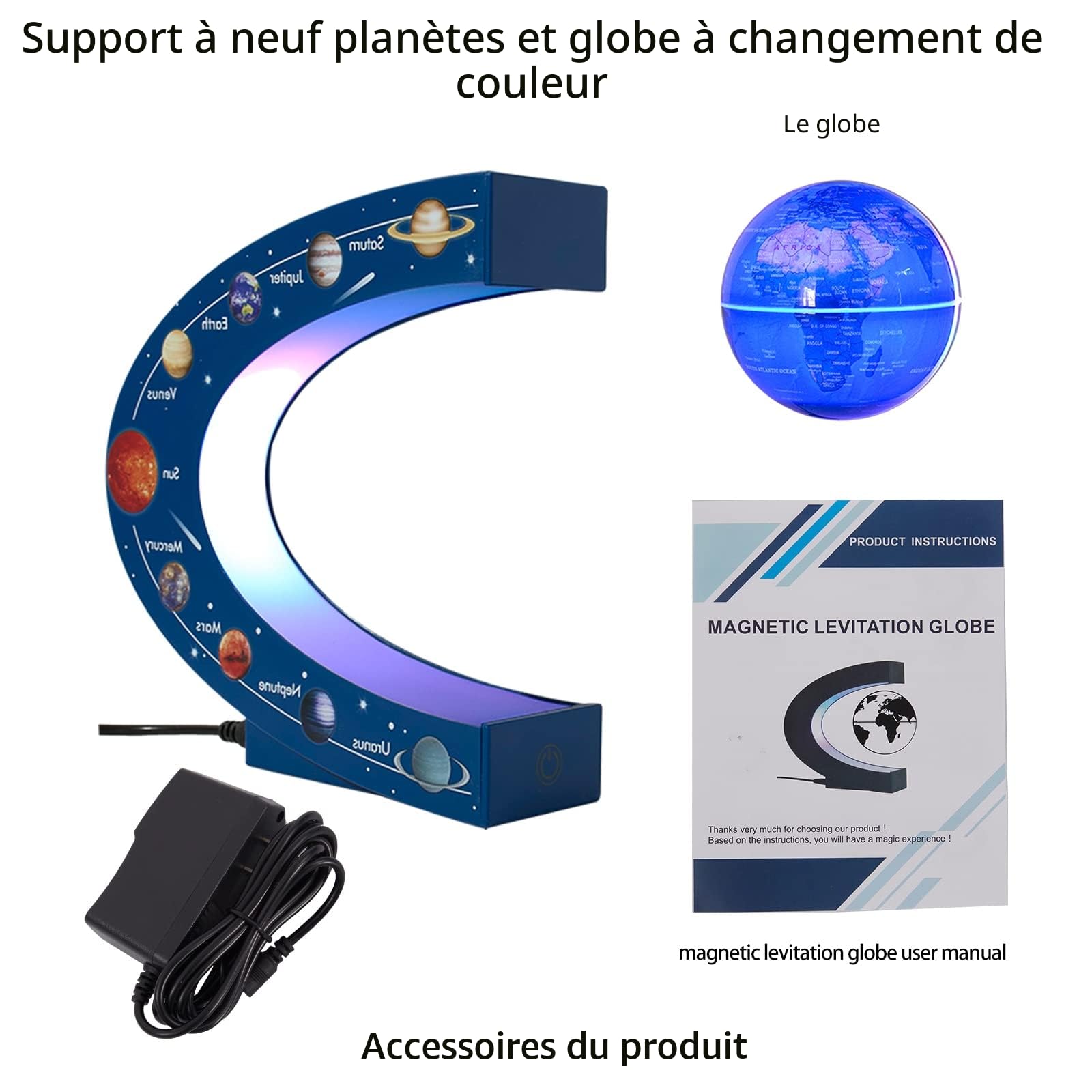 Globe Terrestre Magnétique en Lévitation Rotatif 3 Pouces avec Lampe Colorée, Cadeau Déco de Bureau Original pour Hommes, Patron ou Jouet Éducatif pour Enfants, Système Solaire 9 Planètes Astronomie