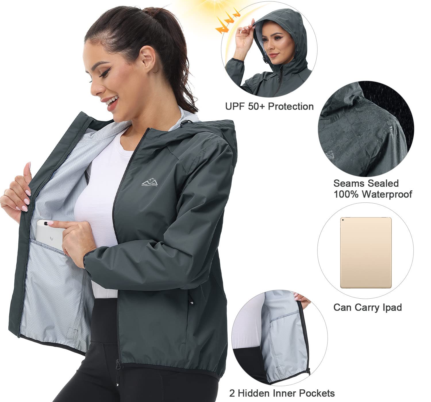 donhobo Giacca impermeabile da donna, leggera, impermeabile, antivento, traspirante, per le mezze stagioni, impermeabile, con cappuccio