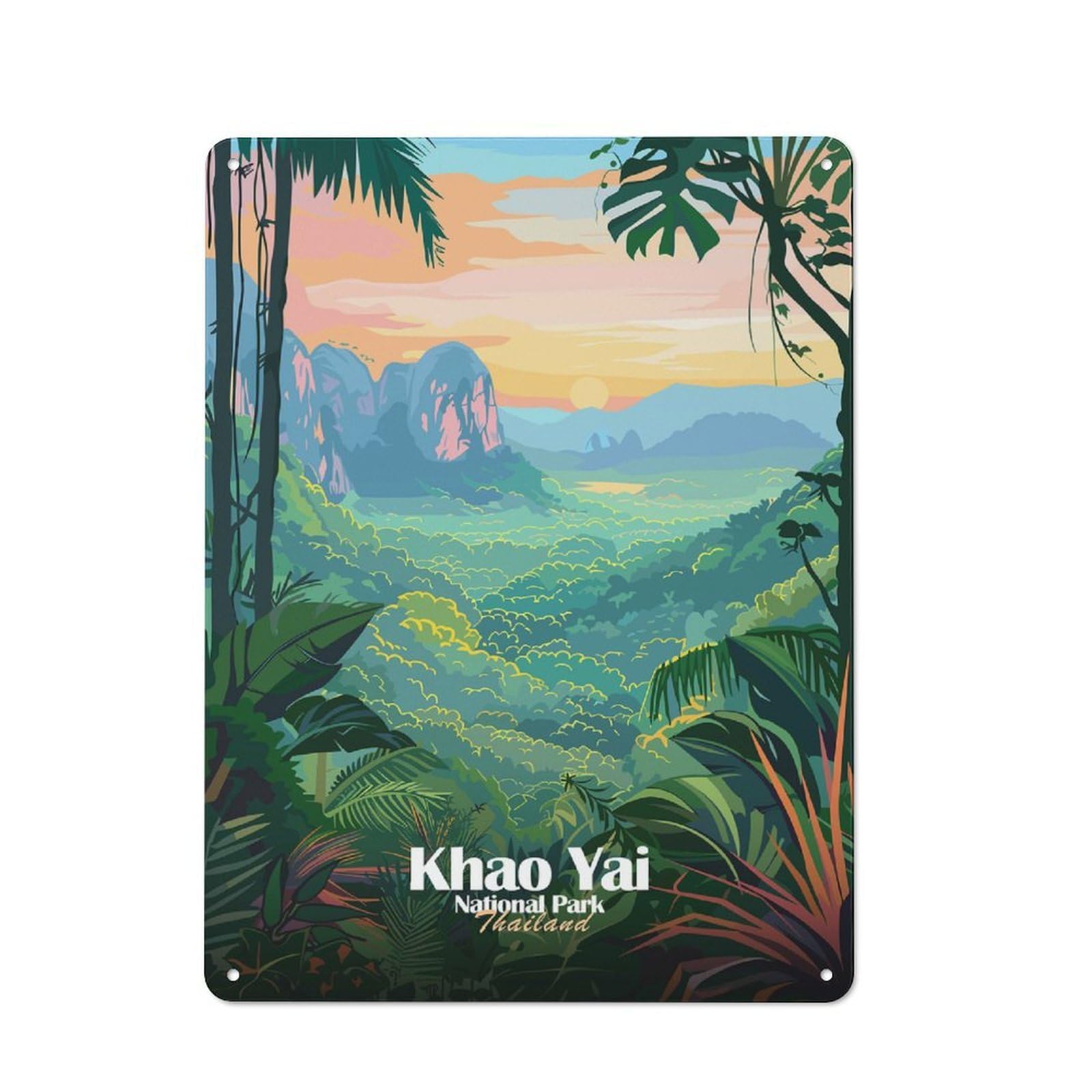 Junmoney Style-18 Khao Yai National Park Thailand Illustration Retro Tin Wall Plaque 40X30cm For Home Office Or Studio, For Cooler-Month Interiors With Retro Character