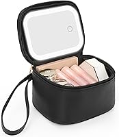 Vista 1 de Relavel Mini bolsa de maquillaje con espejo LED, pequeña bolsa de cosméticos con 3 modos de luz, bolsa de maquillaje portátil recargable con correa