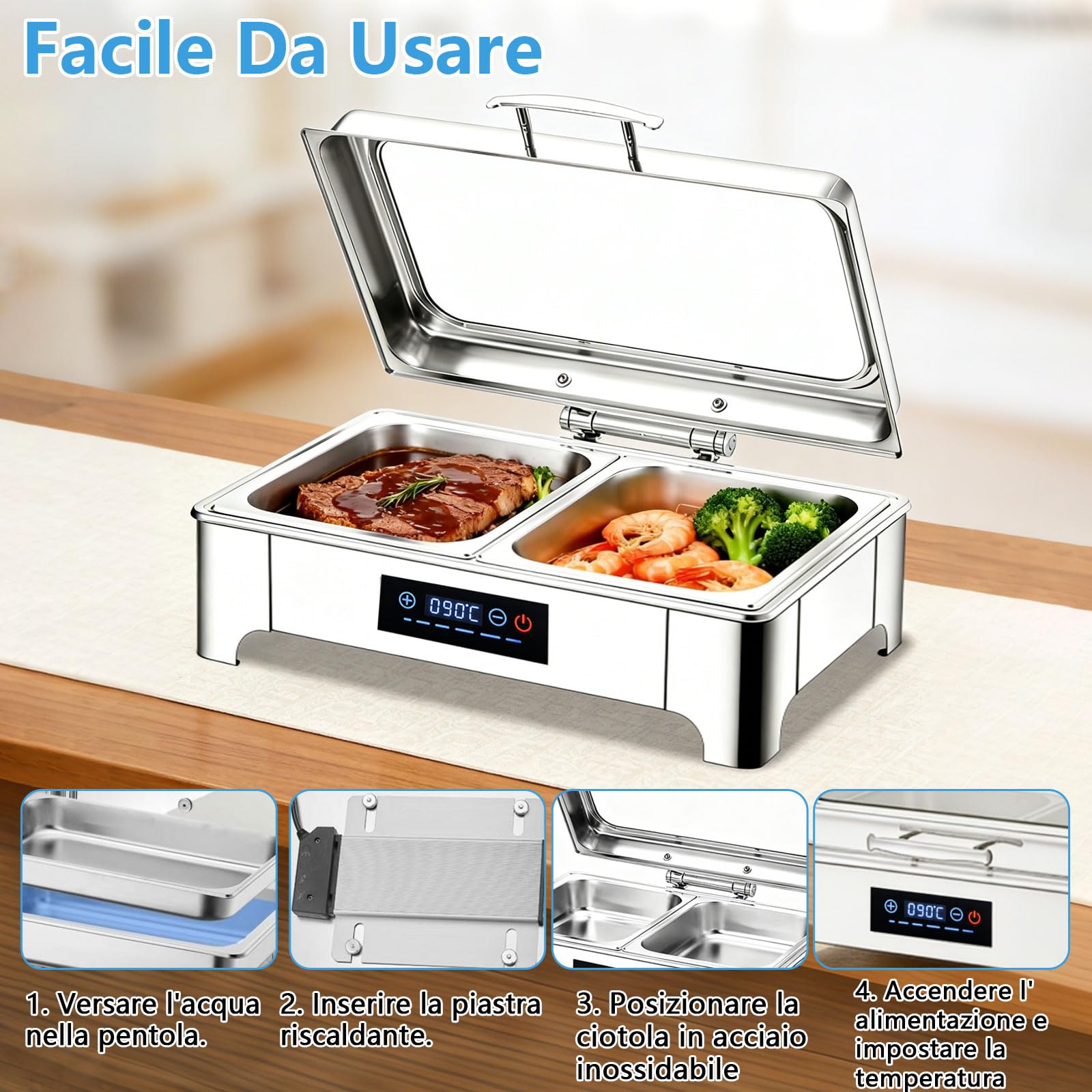 Chafing Dish Elettrico 9L, Scaldavivande Elettrico per Buffet Acciaio Inox 304, Chafing Dish Buffet con 35-90°C Temperatura Regolabile e Coperchio Visibile, per Banchetti, Feste e Eventi(1/2 Pan)