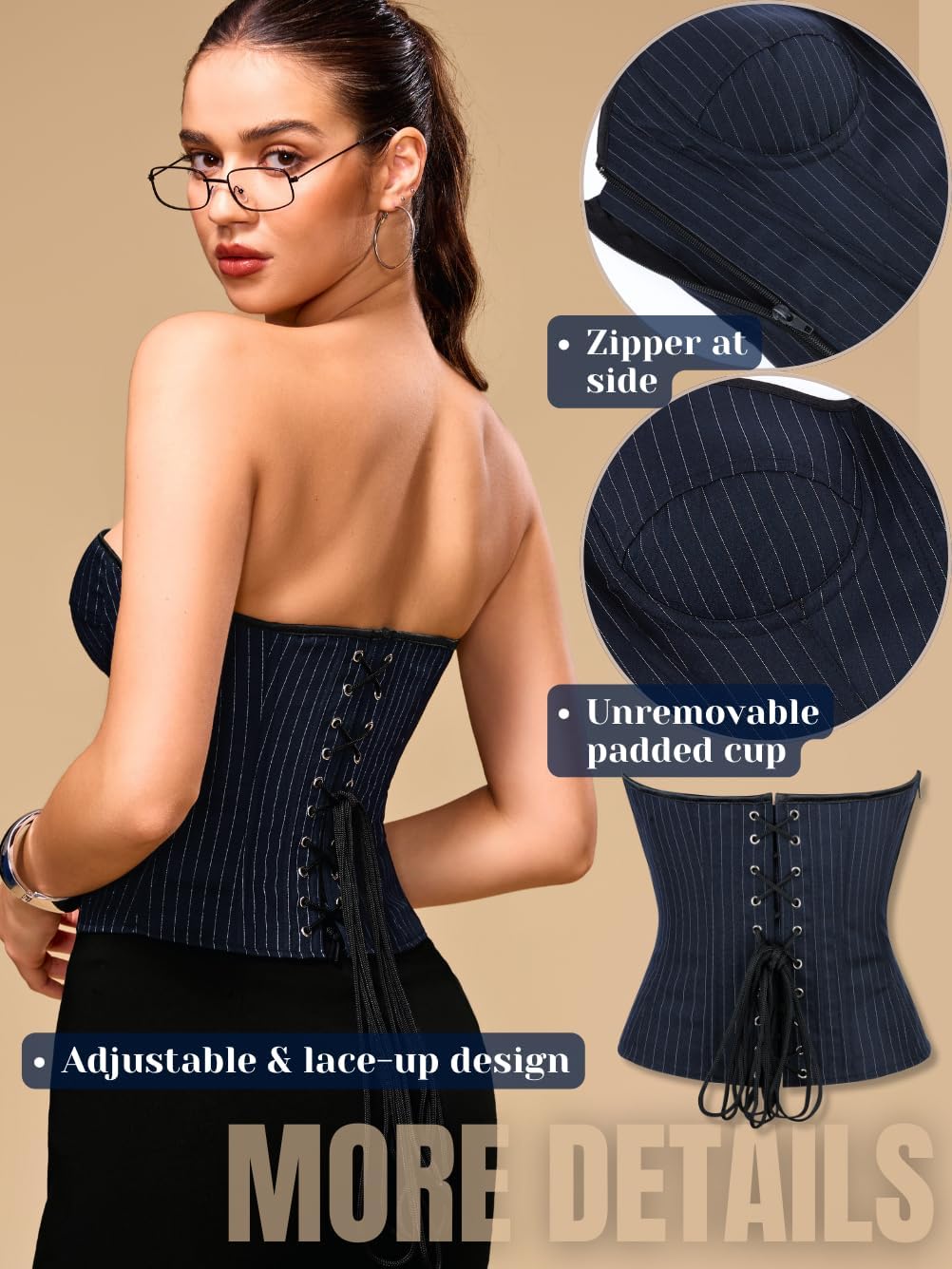 Corset Top for Women, Sexy Lace Up Overbust Bustier, Strapless Zipper Side Tops, Office Club Going Out Outfits - Image 3