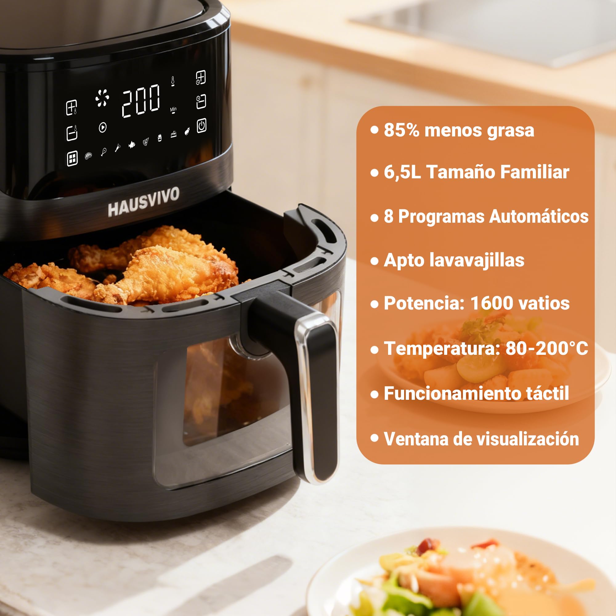 Freidora de Aire 6,5L sin Aceite | 1600W Airfryer con Ventana Visible | 8 Programas, Pantalla Táctil, Temporizador, Cesta Antiadherente, Apta para Lavavajillas