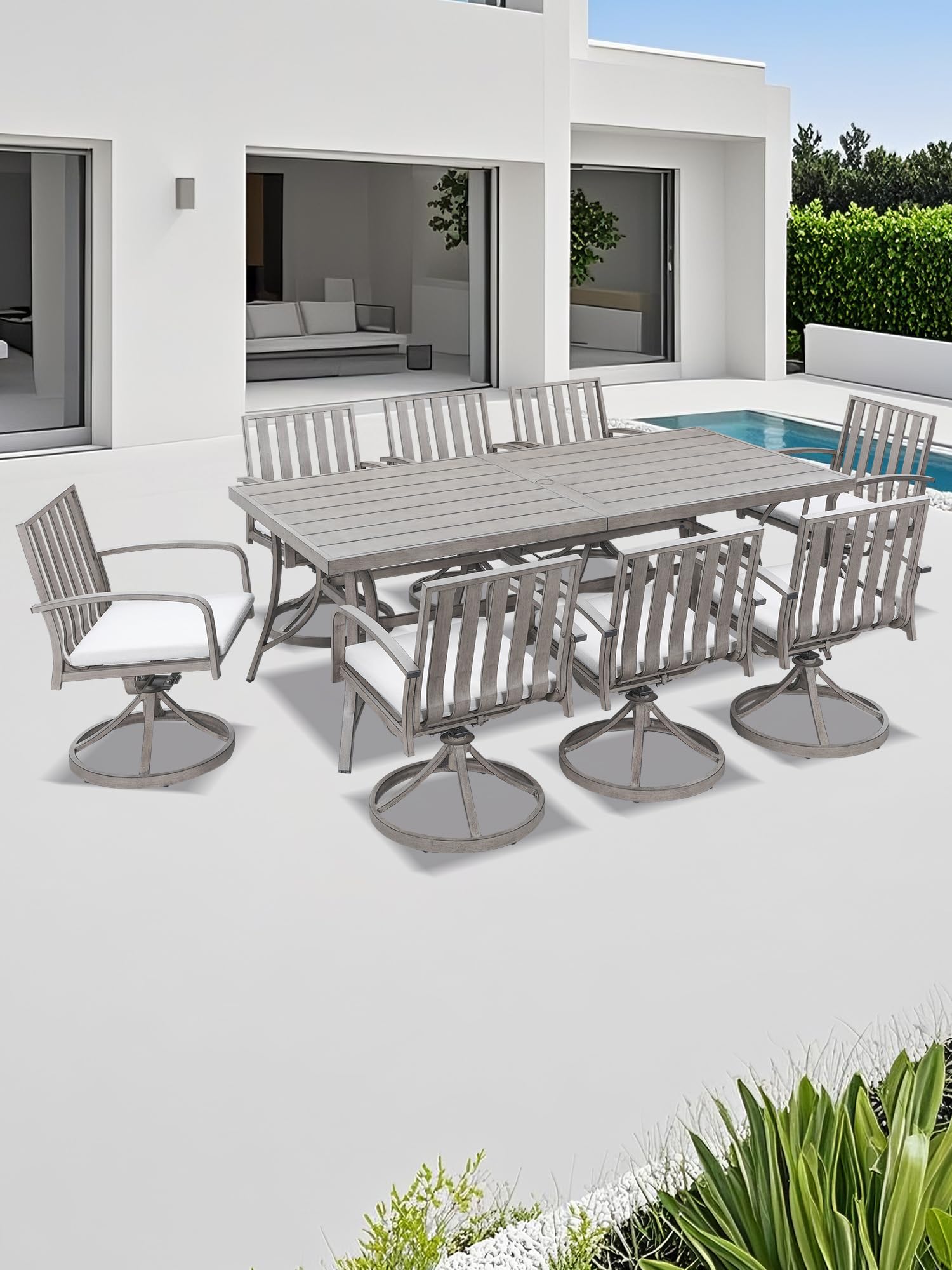 Juego de comedor al aire libre de 9 piezas, juego de comedor de aluminio de roble limado con sillas giratorias, juego de mesa y sillas de patio para todo tipo de clima para 8 personas con 2