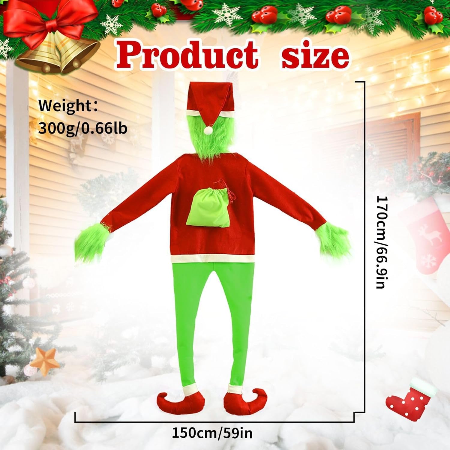 Christmas Tree Decorations, 5.58FT Green Christmas Tree Decor with Bendable Arms & Legs, Pose-able Xmas Stuffed Green Santa Body for Outdoor Indoor Home, Tree, Wall Yard Decoration