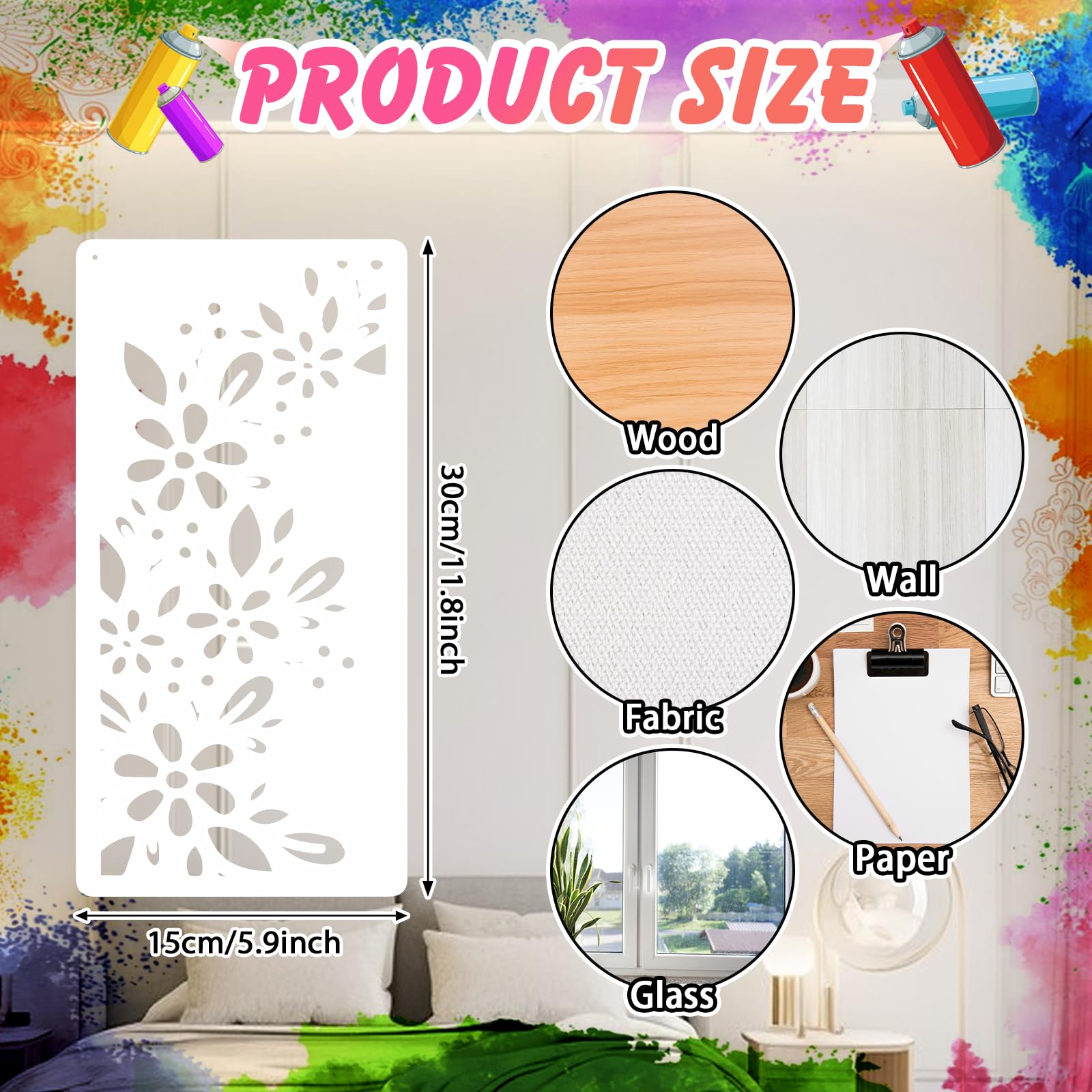 MWOOT 8 Pezzi Stencil per Pittura Riutilizzabili, Stencil Modelli di Pittura Texture Note Musicali Rami Fiore in Plastica per Mobili Muro Legno Design Scrapbooking DIY 30 x15 cm