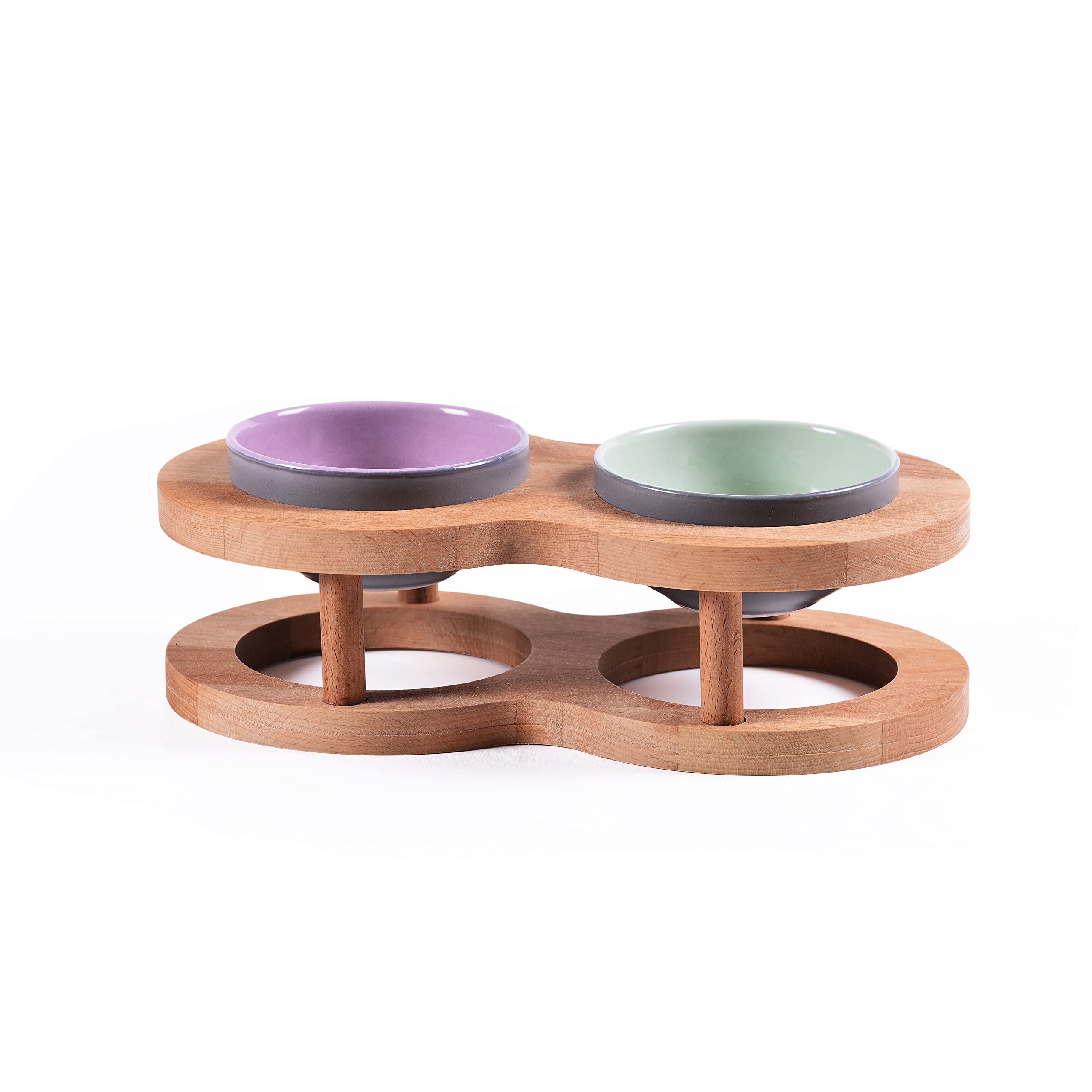 Lot de 2 gamelles en céramique avec support en bois pour chien et chat - Sans déversement - Pour nourriture et eau - Pour chats et petits chiens - Table à manger - Style clôture - Double gamelle