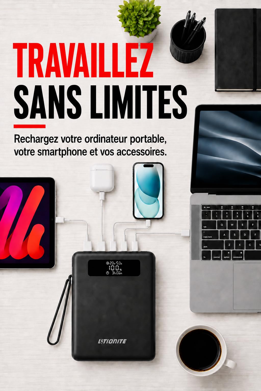 LITIONITE Falcon Batterie Externe 62000mAh avec Écran LCD, 200W pour PC Portable et MacBook, 2 Ports USB-C 100W PD 3.0, Batterie LiFePO4 3000 Cycles, Design Plat