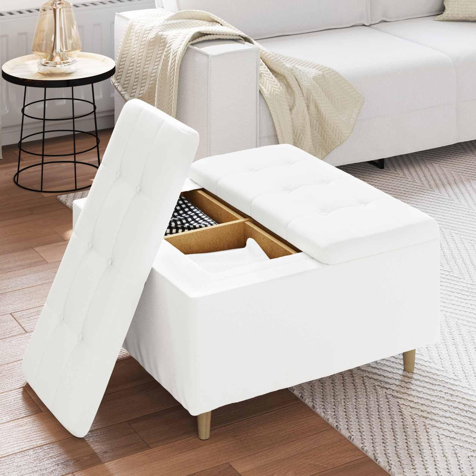 Sottomano bianco in ecopelle, 80 x 80 x 45 cm, con superficie imbottita e spazio nascosto, gambe in legno, versatile, per soggiorno, camera da letto, corridoio