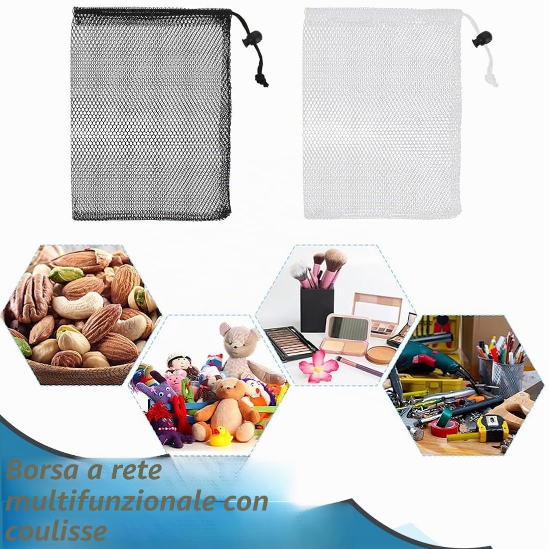 4 Pezzi sacchetti a rete in nylon, con coulisse, per palestra, viaggi, attività all'aperto, Sacchetti a Rete con Cordoncino, Borsa da Spiaggia in Rete, Borsa a Retes in Nylon (Nero/Bianco)