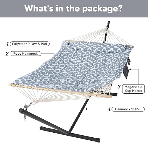 Miniatura 5 de SUNCREAT Hamaca doble para exteriores con soporte, hamaca de cuerda de algodón para dos personas con almohadilla de poliéster, patrón circular