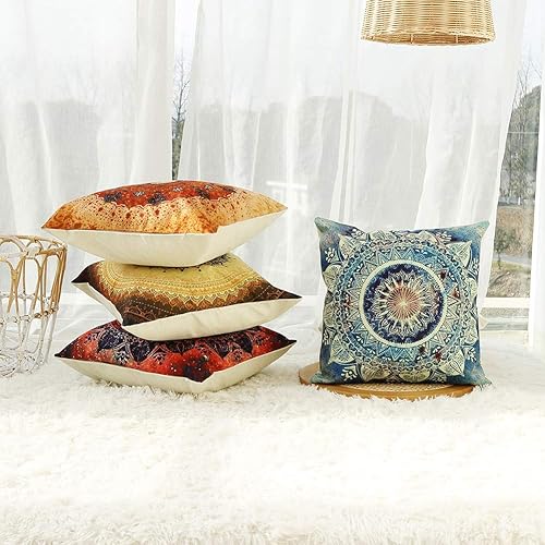 Miniatura 3 de Juego de 4 fundas decorativas para almohadón de sillón, con diseño retro, floral, de medallones de mandalas bohemios, veraniegos, con forro de