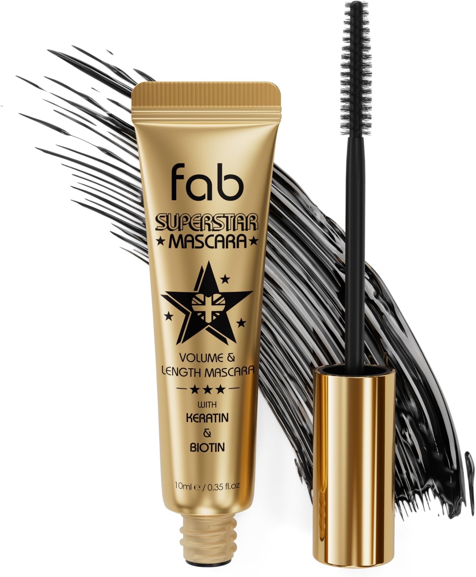 Fab Superstar Mascara: Waterproof Volumizing High Lash Lift Beauty Mascara: Black Liquid Mascarra for Bold Volume and Length - Infused with Keratin and Biotin for Longer, Better Defining Lashes - 10ml