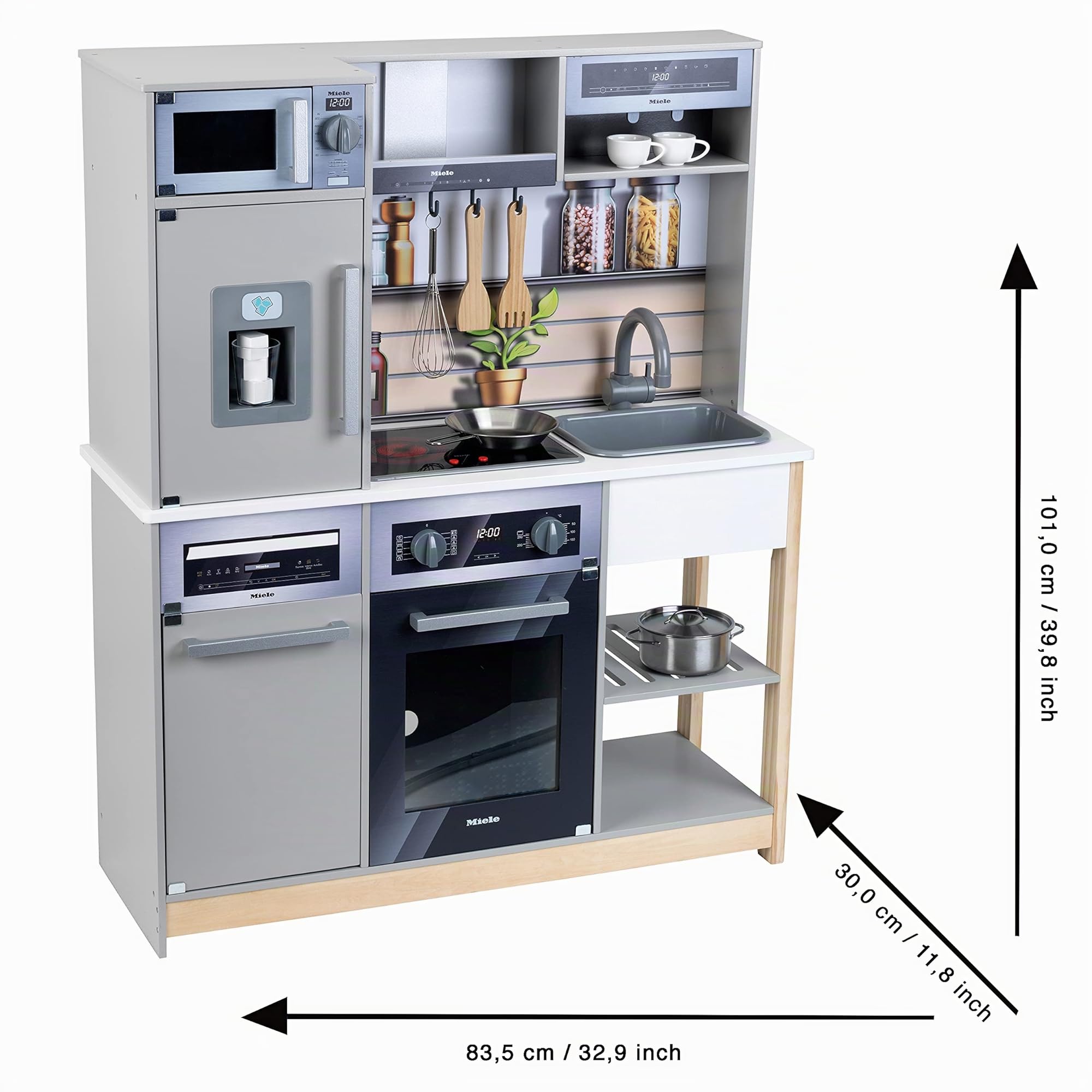 Theo Klein 7194 Cuisine Miele Family en Bois | avec Plaque de Cuisson électronique, Four, Lave-Vaisselle, etc. | avec Accessoires. | Dimensions : 83,5 x 30 x 101 cm I pour Enfants à partir de 3 Ans