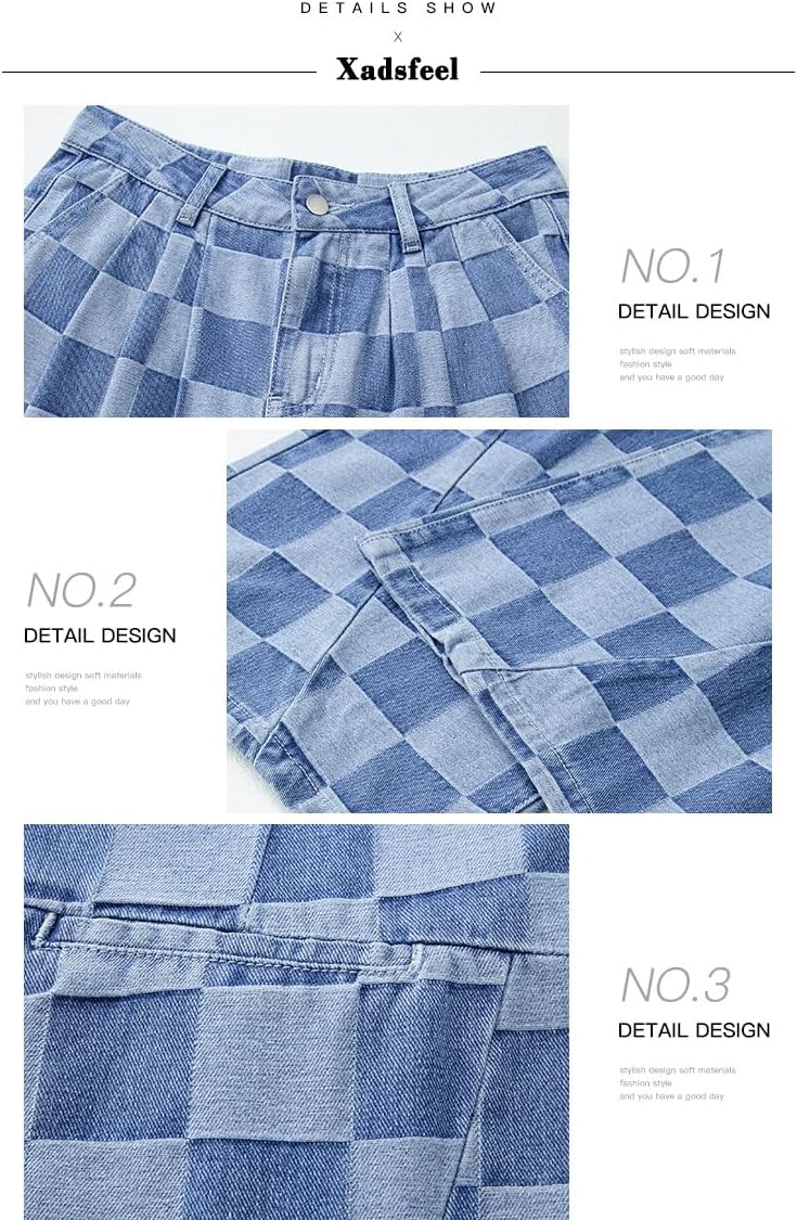 Womens Plaid Print Baggy Wide Leg Jeans High Waisted Straight Leg Denim Pants Chessboard Pattern Jeans - Image 5