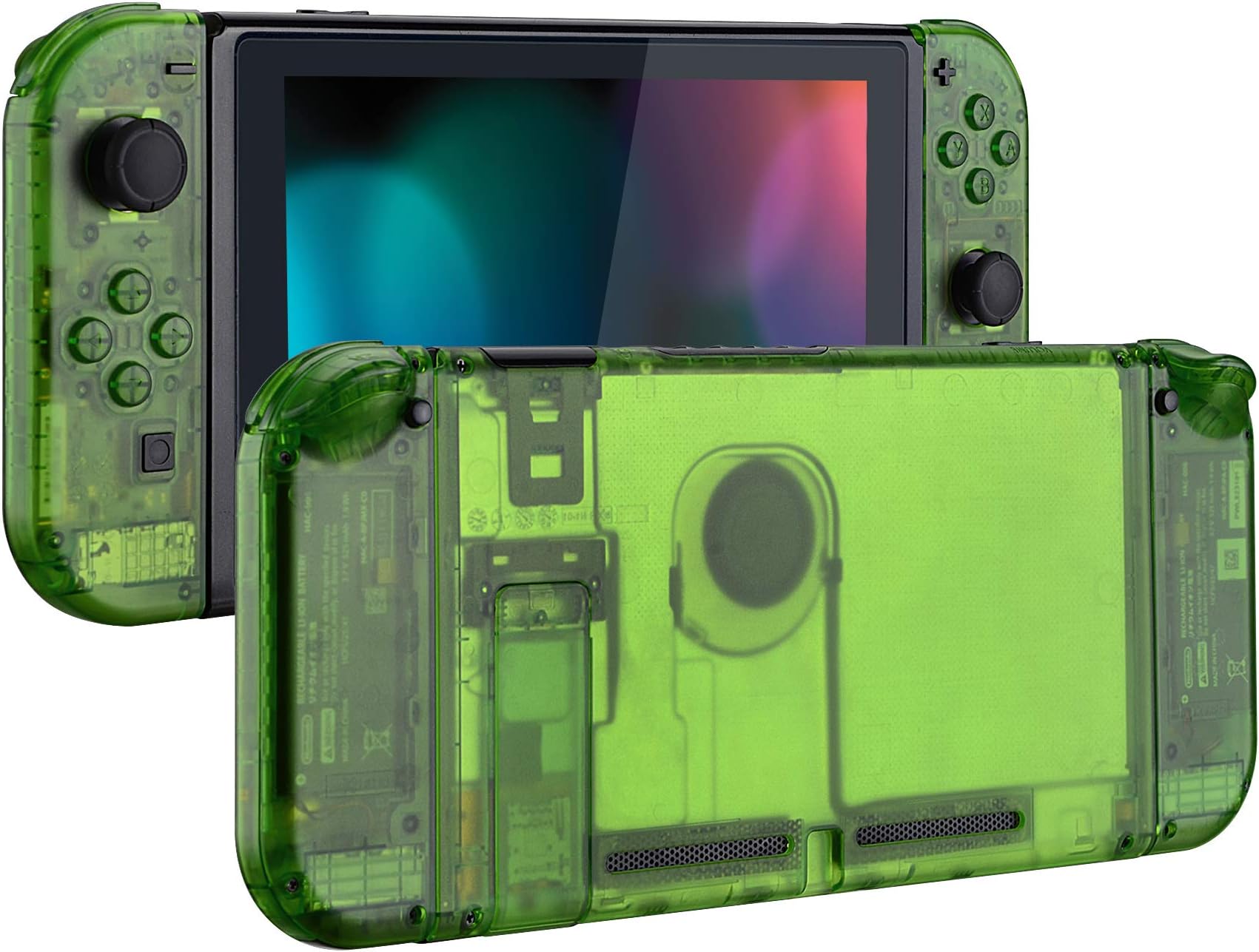 eXtremeRate Transparent Clear Green Back Plate for Nintendo Switch Console, NS Joy con Handheld Controller Housing with Full Set Buttons, DIY Replacement Shell for Nintendo Switch