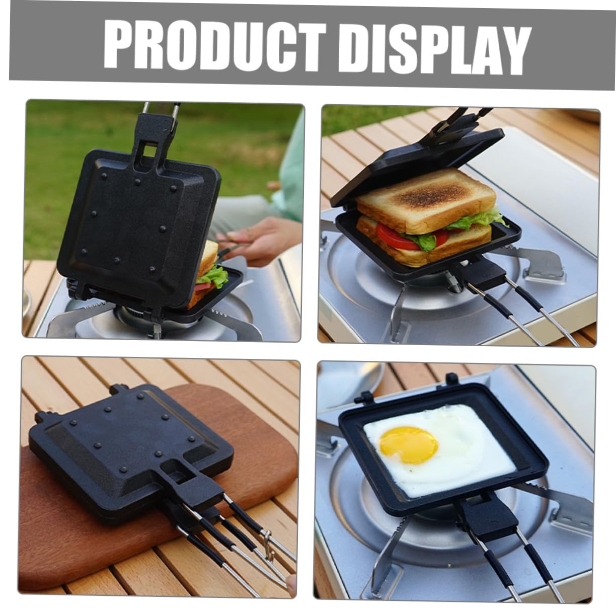 Mobestech Padella per Grigliare Panini Antiaderente a Doppia Faccia in Acciaio Inox Riscaldamento Uniforme per Colazioni e Picnic All’aperto, Utensile da Cucina Portatile e Multifunzione
