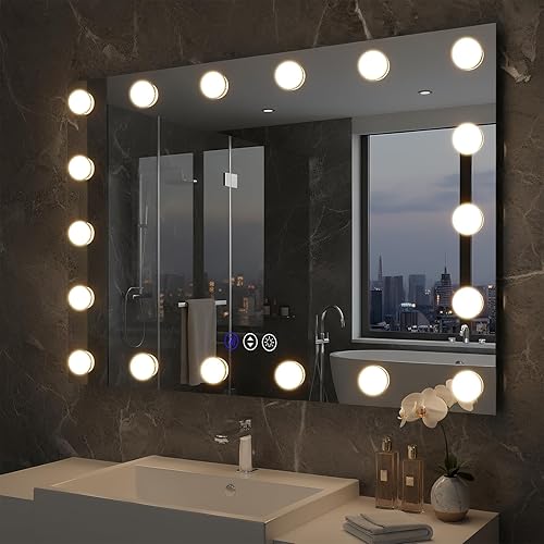 Miniatura 31 de 48x32 Espejo de Baño Iluminado, Espejos de Pared de Hollywood con Bombillas LED, 3 Temperaturas de Color y Atenuación Sin Escalas, Antiempañamiento