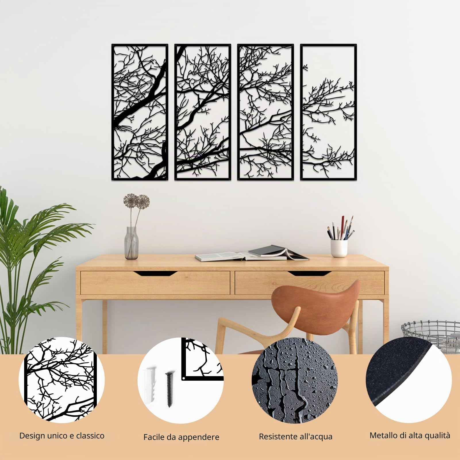 ESTART 4 decorazioni da parete in metallo con albero della vita e ramo nero, decorazione per casa e ufficio, interni ed esterni