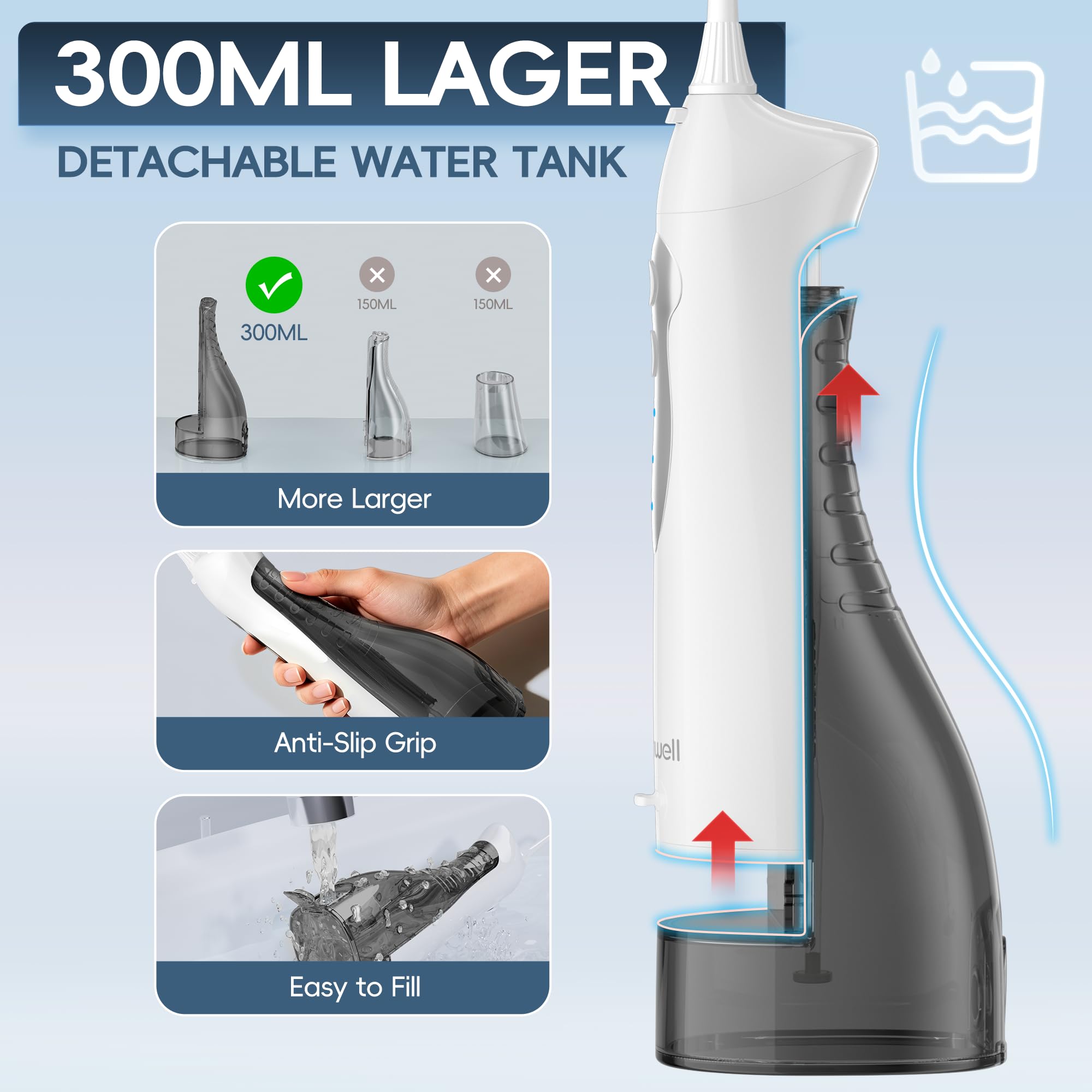 Mornwell Idropulsore wireless per la pulizia dei denti, filo interdentale, irrigatore orale, 3 modalità, 4 ugelli spray, IPX7, pulizia 300 ml, ricaricabile tramite USB (bianco B)