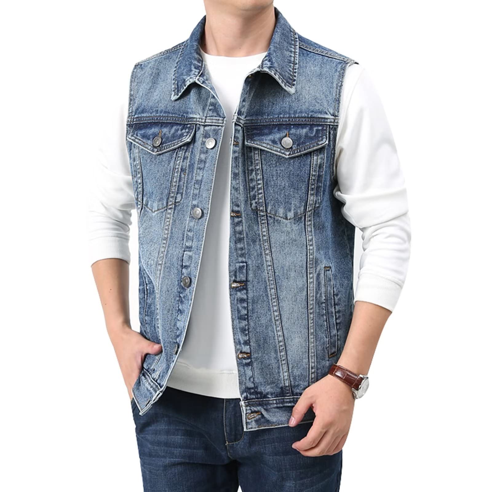 ZMNKH Mens Denim Vest with Pockets Casual Vintage Outerwear Jean Gilet Sleeveless Jacket Biker Waistcoat