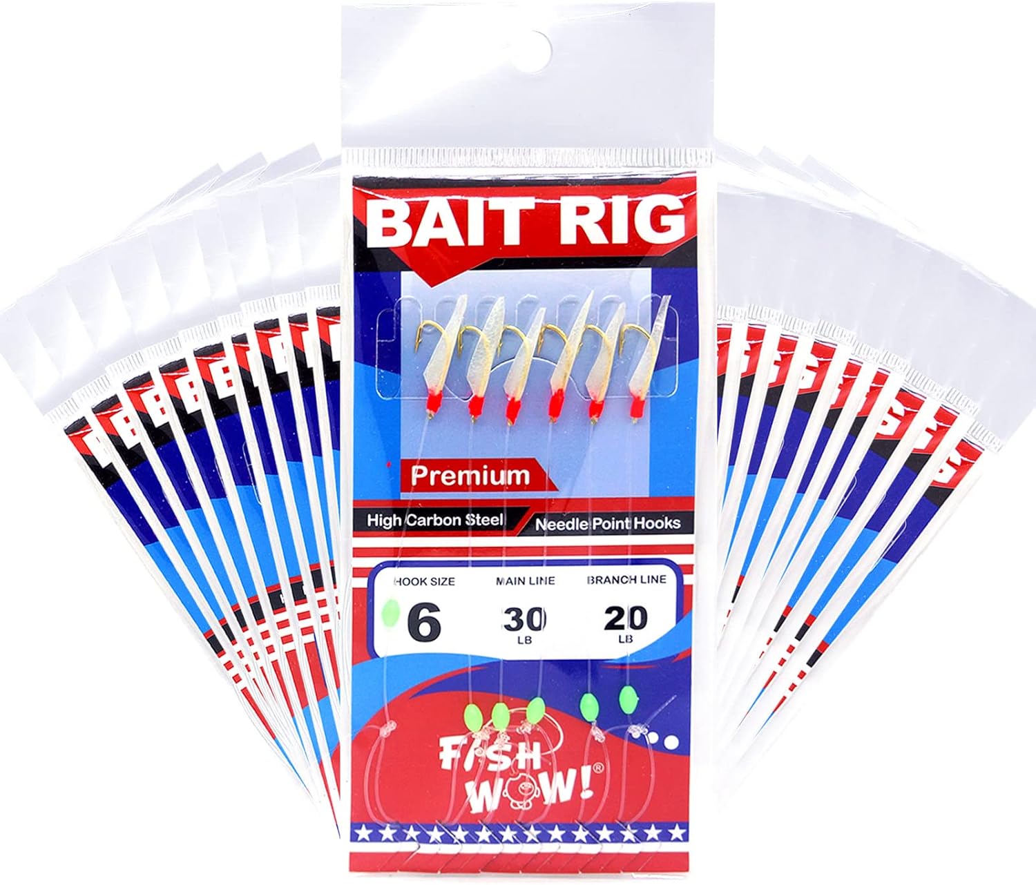 Fish WOW!® Size 6 Fishing Bait Rigs Piscatore Lure with 6 Gold Hooks with Fish Skin and Glow Green Beans - 20 Packs