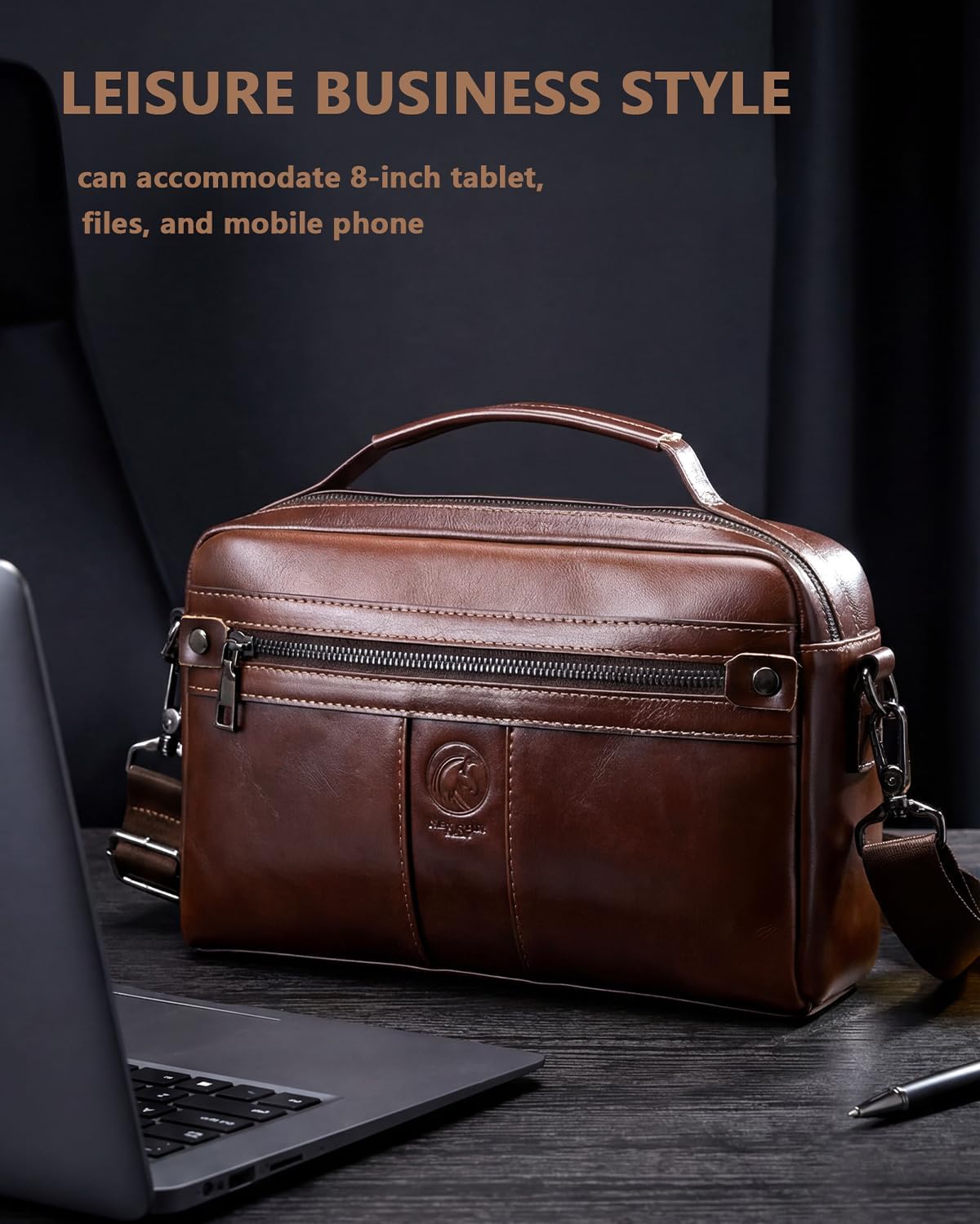 RAINBOW HORSE Genuine Cowhide Leather Crossbody Bag for Men, Vintage Leather Shoulder Bag with Multi-Pocket Design, 8-inch Tablet Messenger Bag for Daily Work Travel - Image 8