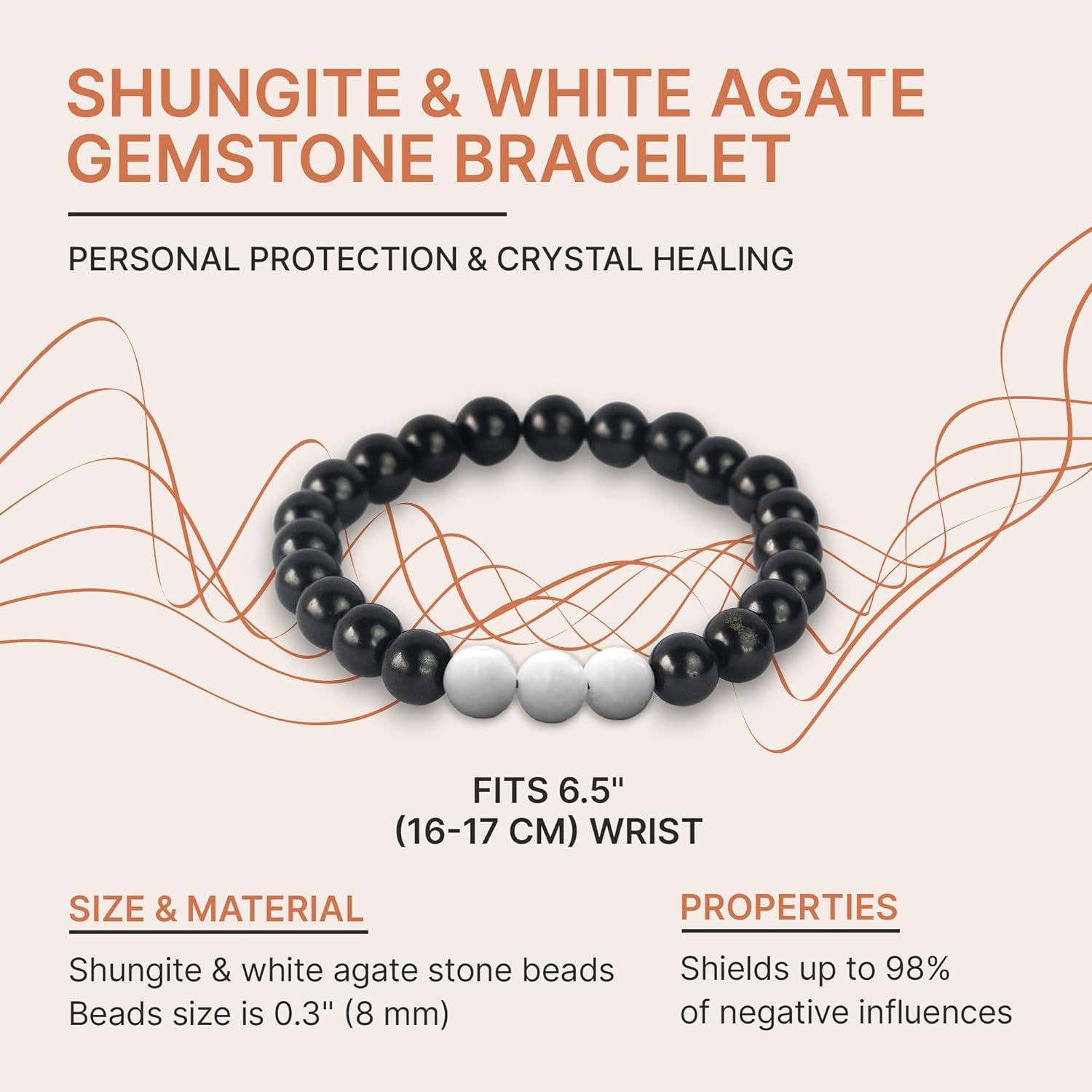 Karelian Heritage Black Shungite and White Agate Beaded Bracelet, 8mm Handmade Stretchy Unisex, Crystal Healing Authentic Stone, Spiritual Chakra Balance Jewelry BO21 - Image 2