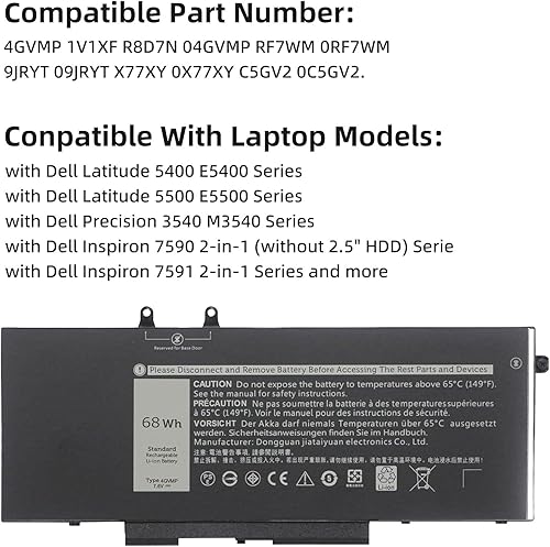 Miniatura 3 de YXKC 4GVMP - Batería de repuesto para laptop Dell Latitude 5400 5500 Precision 3540 3550 Inspiron 7590 7591 7791 2 en 1 Series, P84F P84F001 P42E