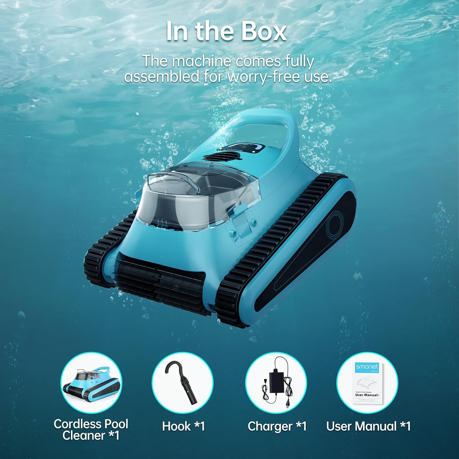 HISION SAT30 Robotic Pool Cleaner and included accessories: hook, charger, and user manual.