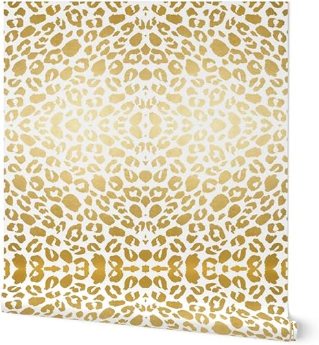 Spoonflower Muestro de papel tapiz extraíble - Papel pintado prepegado de encargo blanco animal negro con estampado de leopardo dorado disponible en Yaxa Colombia