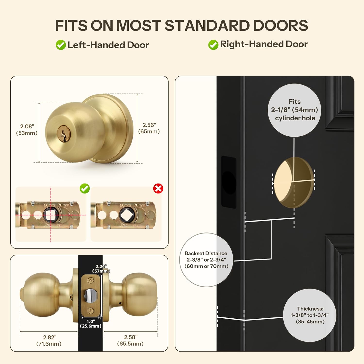 Brushed Gold Keyed-NOT-Alike Ball Design Door Knob with Keys and Lock, 10 Pack Wholesale Keyed Entry Round Shaped Doorknob for Front/Entrance Doors, Satin Brass Finish