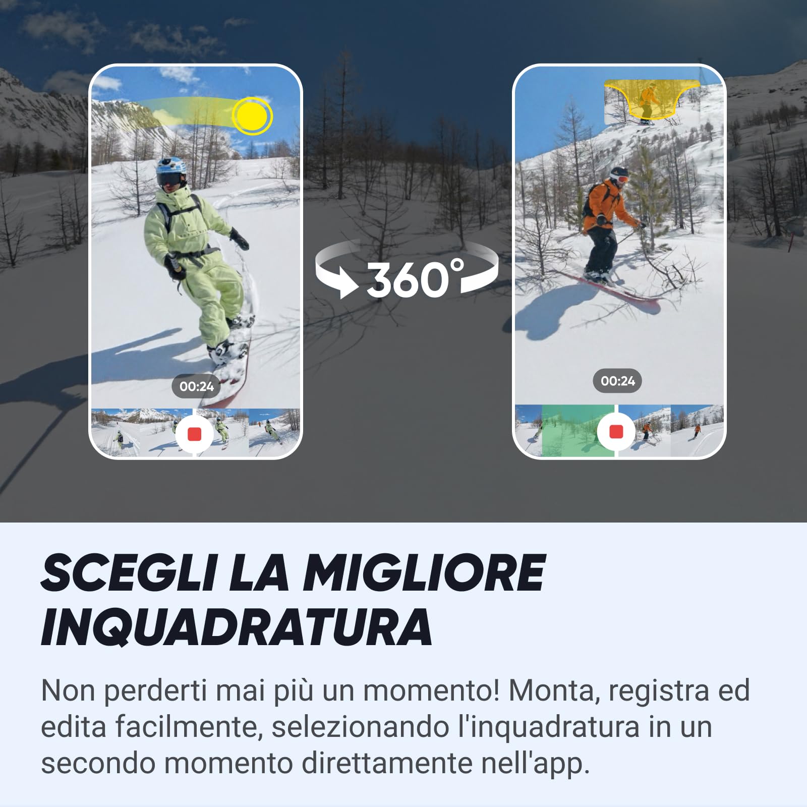 Insta360 X4 Pack Snowboard - Action Cam 360° 8K Impermeabile, Video Grandangolari in 4K, Effetto selfie stick invisibile. Protezioni Lenti Rimovibili, Autonomia Batteria 135 min, Editing IA
