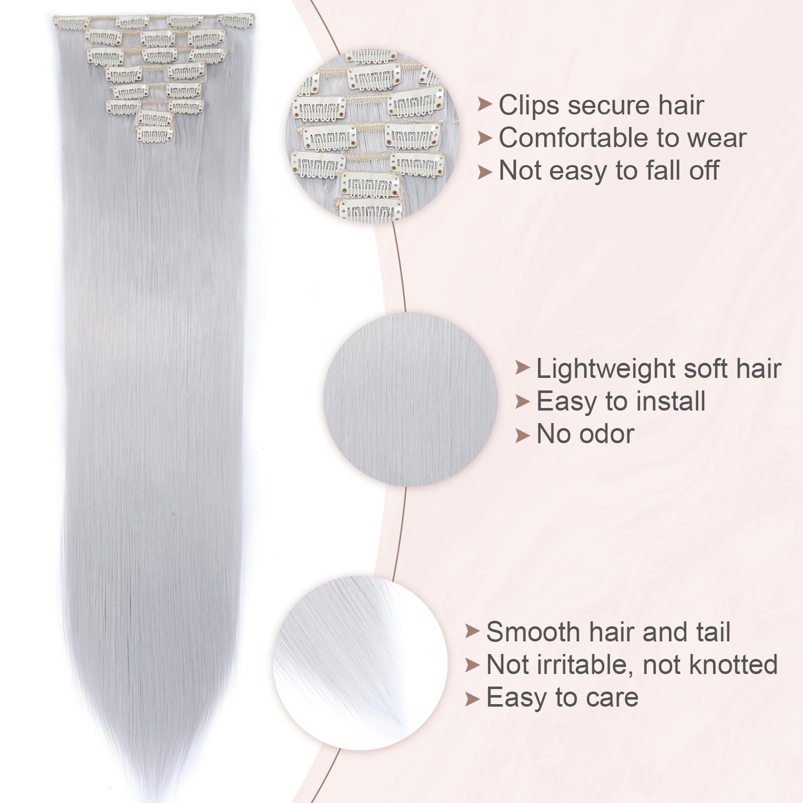 SEGOHAIR 23" Long Curl Clip in Hair Extensions - 8 Pcs, 18 Clips, Synthetic Fiber, Seamless, Full Head - Silver Gray - Image 4