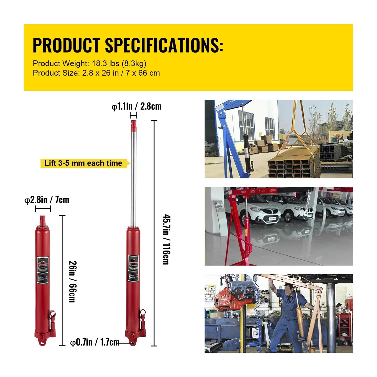 Podnośnik hydrauliczny, Hydrauliczny podnośnik długi o udźwigu 3 tony/4 tony z pompą jednotłokową i podstawą z łącznikiem krzyżowym Ręczny zbieracz wiśni z uchwytem(3T Red)