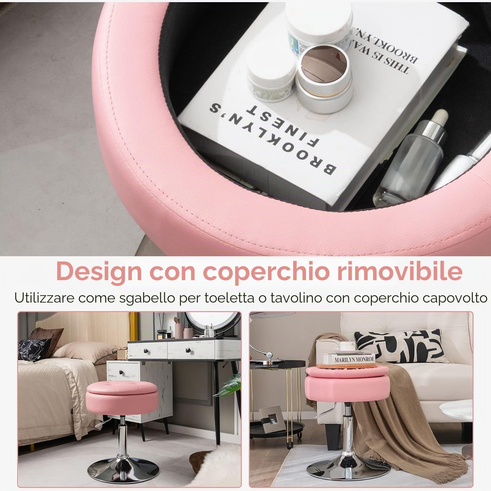 LIFEZEAL Sgabello da Bar, Sedia Rotonda Girevole, Sedile Rimovibile per Stoccaggio, Contenitore, Sedile Imbottito, Altezza Regolabile 51-66cm, Soggiorno, Ufficio, Max150 kg, Telaio in Metallo, Rosa