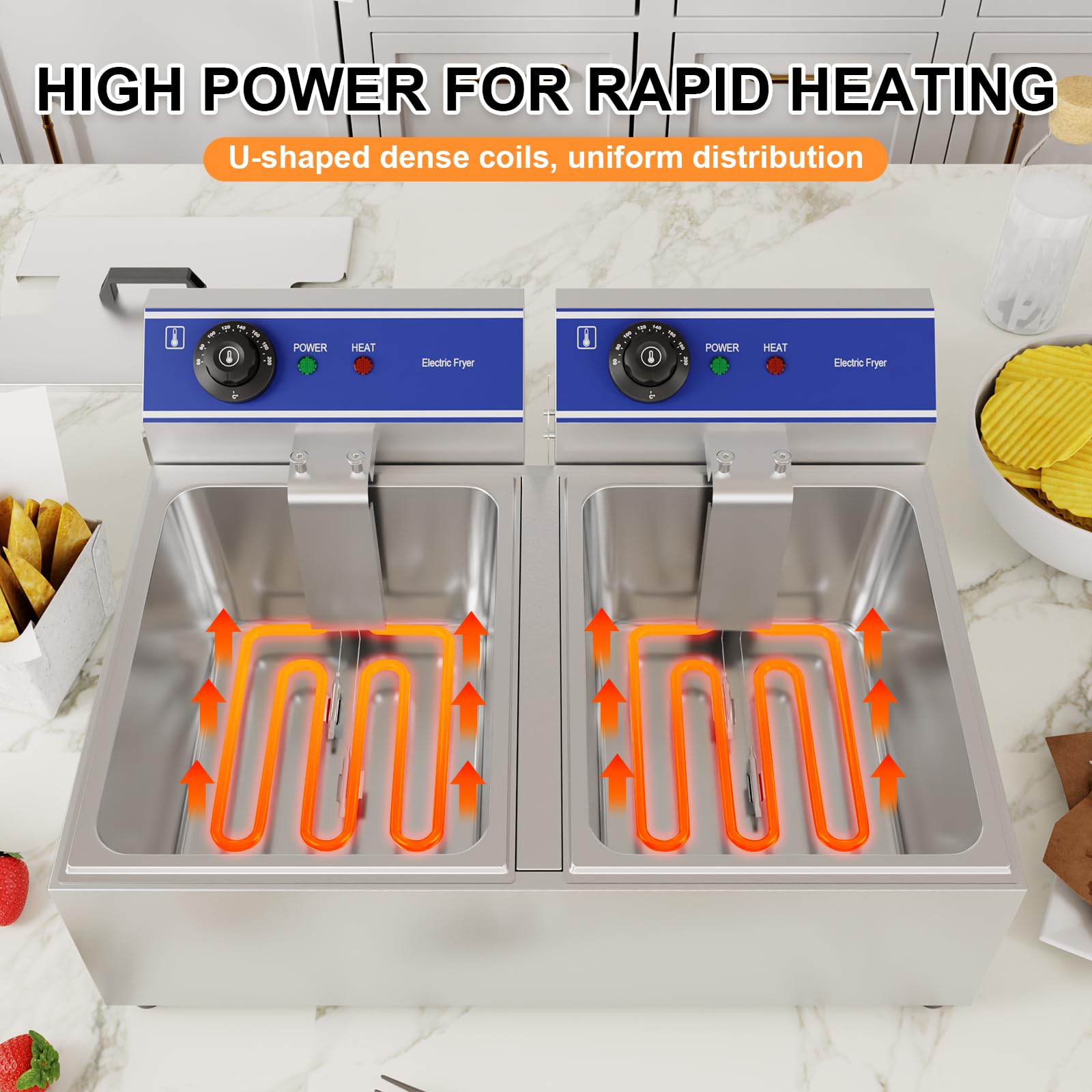 TAIMIKO Professionele elektrische friteuse, roestvrij staal, afneembare container (4 l, 2500 W, 220 V, zijgrepen, thermostaat
