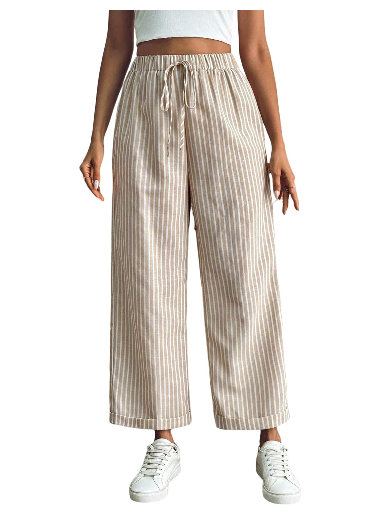 GORGLITTER Womens Striped Wide Leg Cropped Pants Drawstring Waist Fall Trendy Dressy Casual Linen Pants